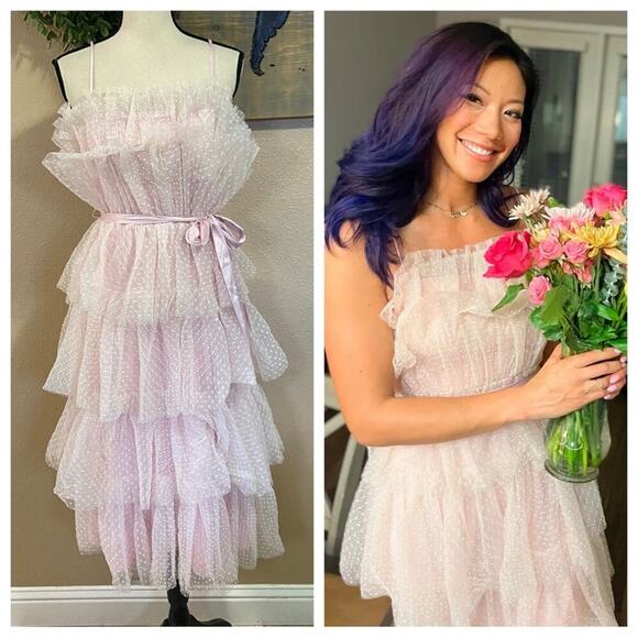 NWOT Lulus Wishing for Whimsy Blush Pink Swiss Dot Ruffle Tiered Midi Dr… - Picture 2 of 11